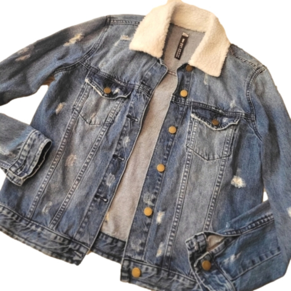 Design Lab Lord & Taylor Distressed Denim Jacket Shearling Trim